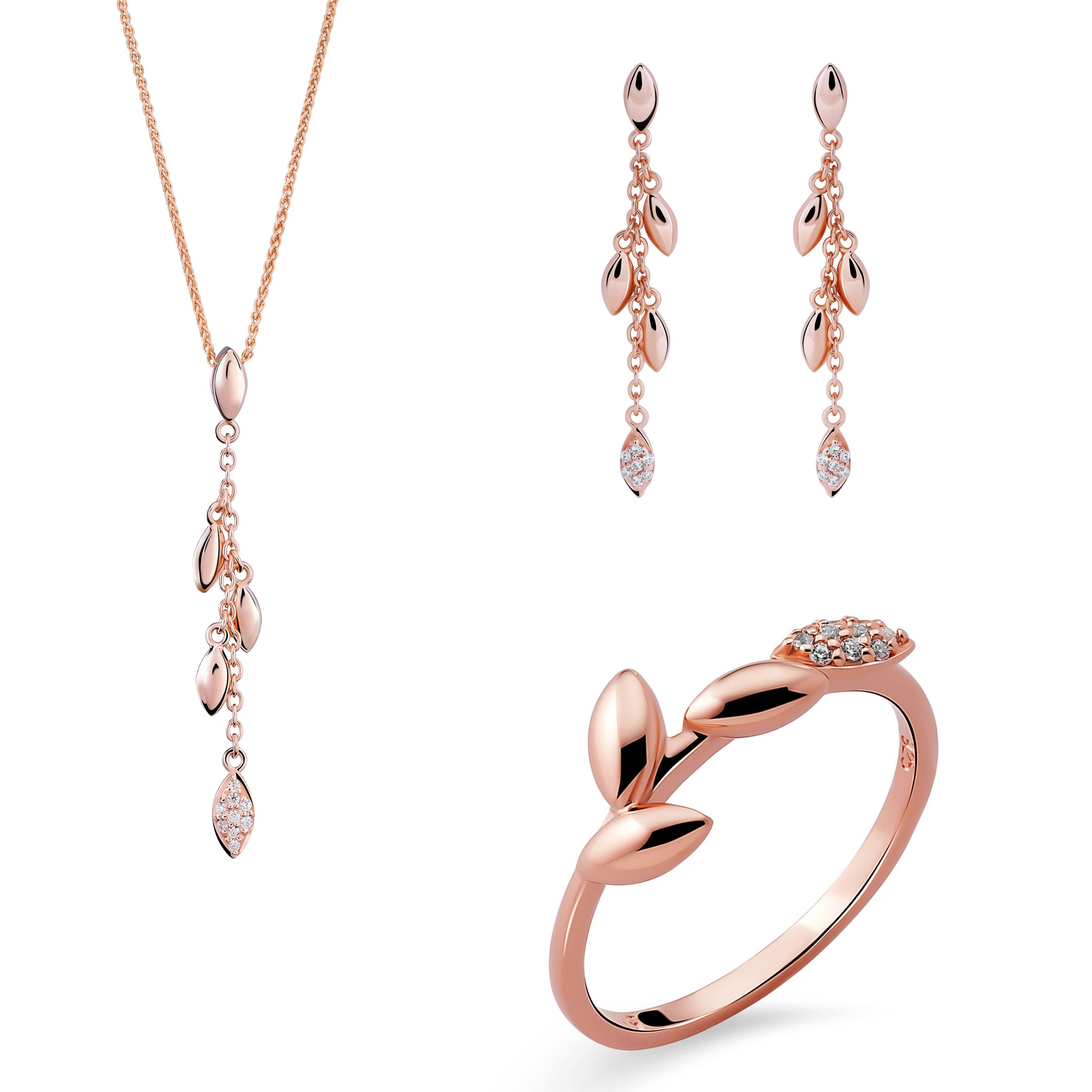 Orphelia 'Loana' WoMens 925 Sterling Silver Set: Necklace + Earrings + Ring - Rose SET-7505/RG - Size Q