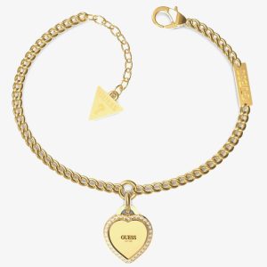 Guess Fine Heart Gold-Tone Crystal Chain Bracelet UBB01422YGL