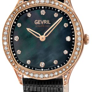 Gevril WoMens Morcote Swiss Diamond Black MOP, Genuine Italian Leather Watch – One Size