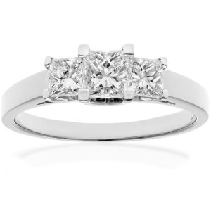 Diamant L’Eternel Womens 18ct White Gold 1 Carat Certified J/I Princess Cut Diamond Trioligy Ring – Size N