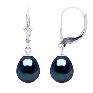 Diadema Womens – Earrings  White Gold and Real Freshwater Pearls – Black Tahitian Style – One Size
