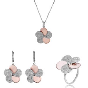 Orphelia ‘Fioni’ WoMens 925 Sterling Silver Set: Necklace + Earrings + Ring – Silver/Rose SET-7452 – Silver & Rose Gold – Size L