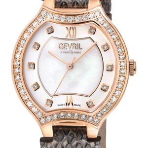 Gevril WoMens Lugano Swiss Diamond White MOP Dial Genuine Italian Handmade Leather Watch – Grey – One Size