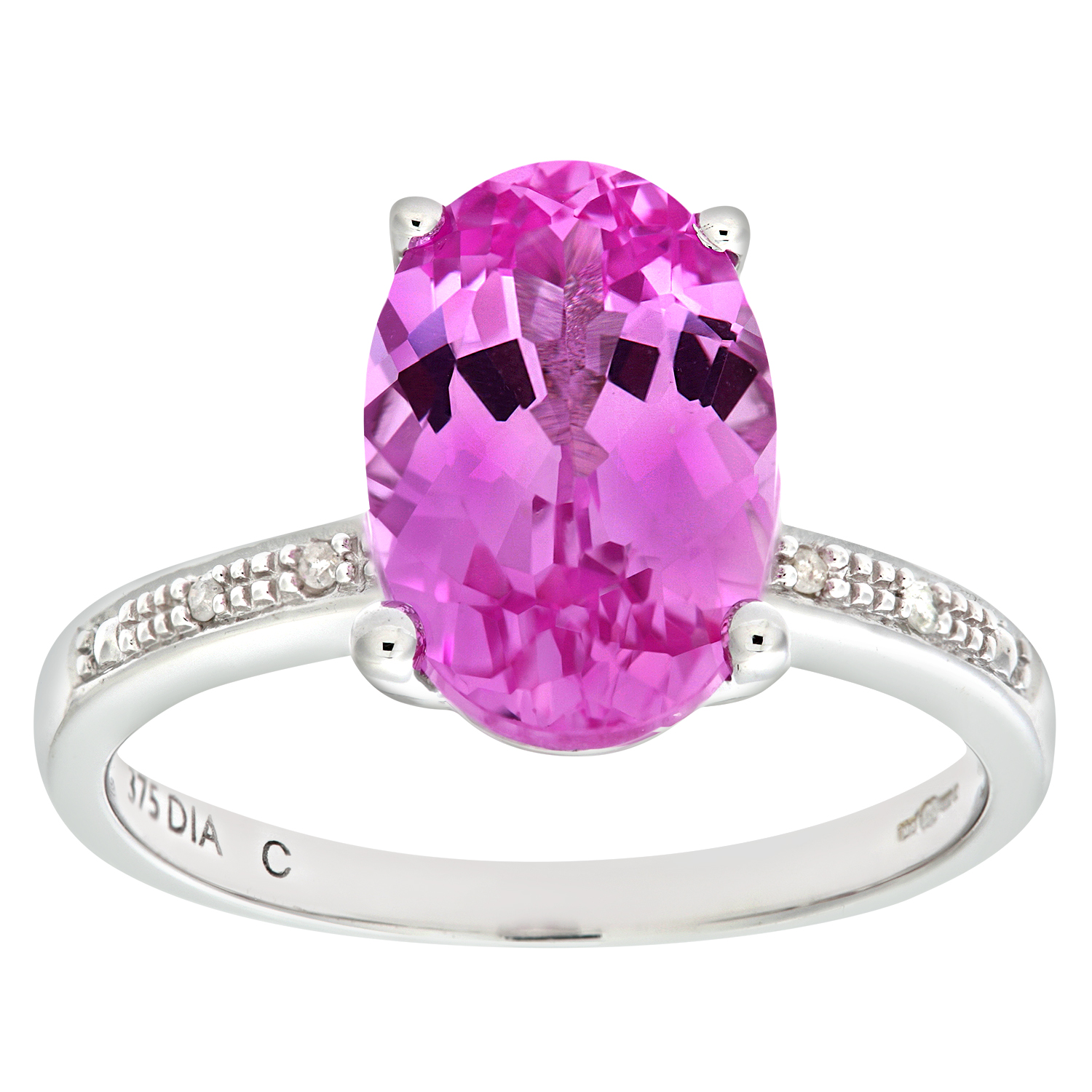 Diamant L'Eternel Womens 9ct White Gold Single Stone Pink Sapphire with Diamond Collette and Shoulders Ladies Ring - Size L