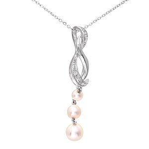 Diamant L’Eternel Womens 9ct White Gold Diamond and Pearl Twist Drop Pendant and Chain of 46cm – One Size