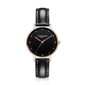 Victoria Hyde London Womens Watch Metropolitan Crystal Leather, black – Black/Gold Stainless Steel – One Size