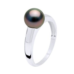 Ateliers Saint Germain Womens Ring Prestige Silver 925 Rhodium plated – Real Cultured Tahiti Pearl Round 7-8 mm – Black – Size T 1/2
