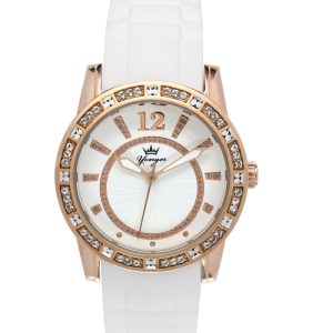 Yonger & Bresson Womens and Bresson: White Leather Watch with Rose Gold Bezel Rubber – One Size