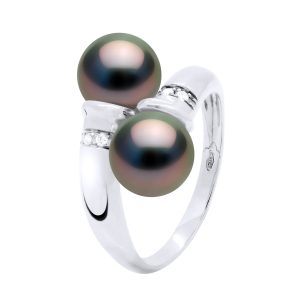 Ateliers Saint Germain Womens Ring You & Me Diamonds 0,06 Cts 2 Real Cultured Tahiti Pearls Round 8-9 mm – White Gold – Black – Size Q