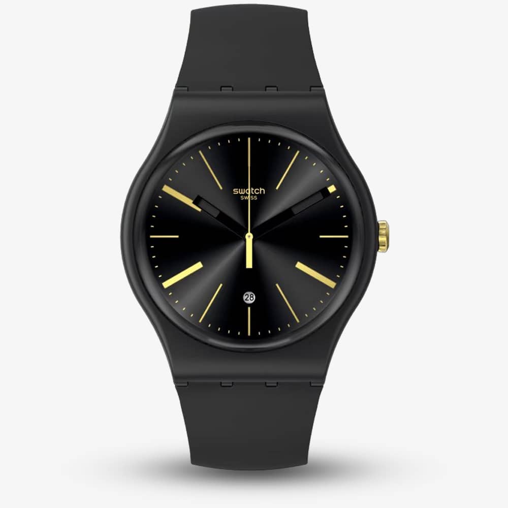 Swatch Dash Of Yellow Black Rubber Watch SO29B403