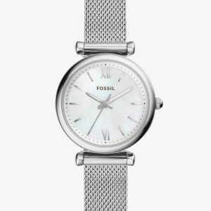 Fossil Ladies Carlie Mini Stainless Steel Mother Of Pearl Dial Mesh Strap Watch ES4432