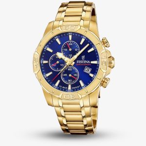 Festina Mens Timeless Chronograph Gold Tone Blue Dial Watch F20705/3