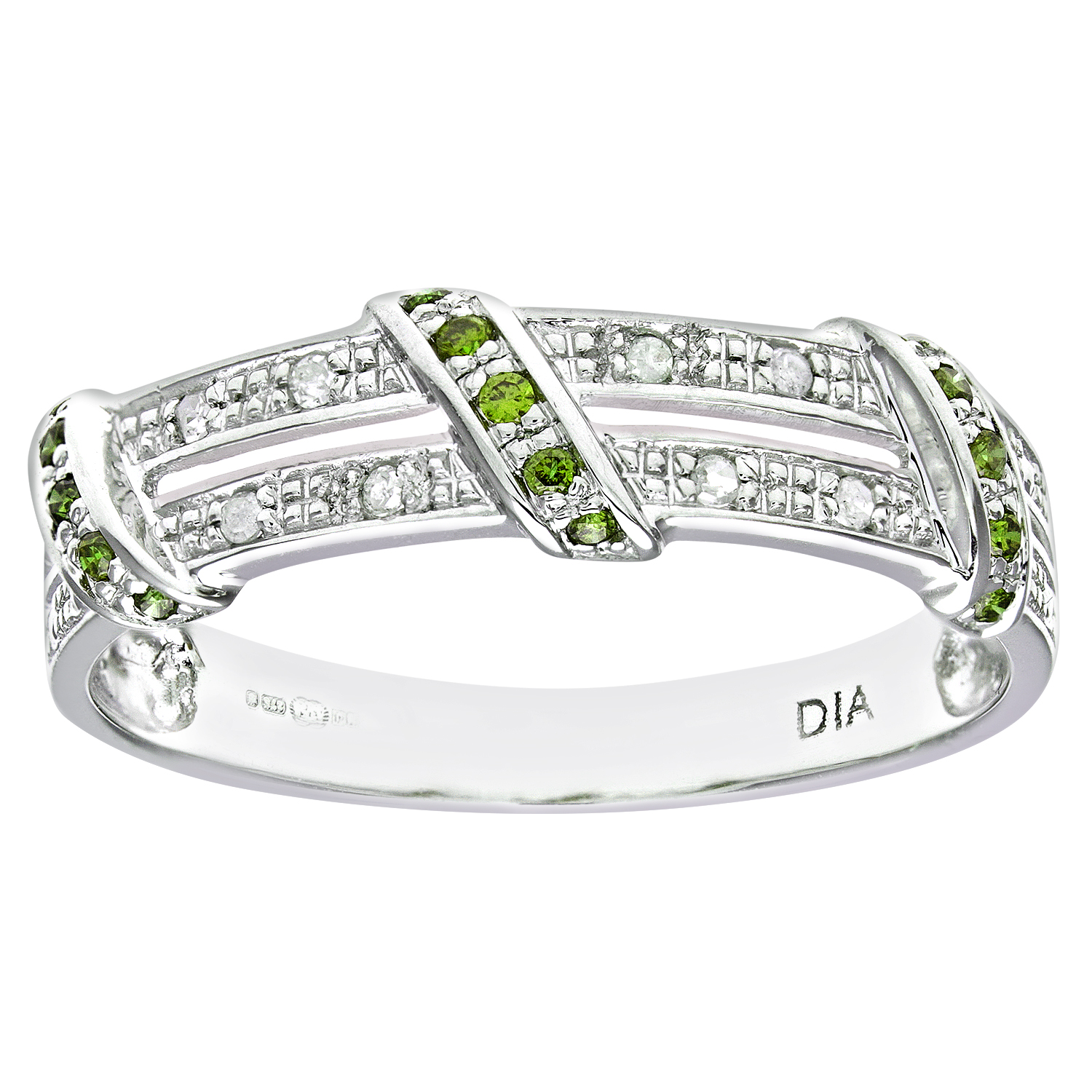 Diamant L'Eternel Womens 9ct White Gold Green Diamond Twist Ribbon Eternity Ring - Size O
