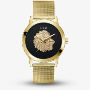 Guess Mens Monarch Gold Tone Lion Mesh Bracelet Watch GW0702G1