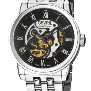 Gevril Mens Vanderbilt Black Dial Stainless Steel Watch – One Size