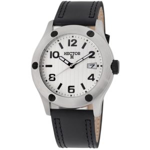 Hector : Mens Silver Watch – Black Leather – One Size
