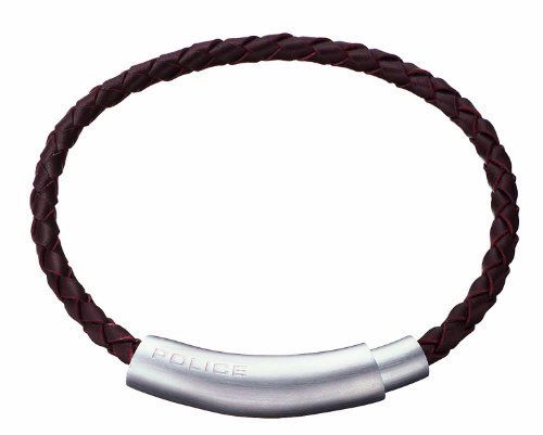Police Mens : "Close" Brown Leather Wrist Band - Silver - One Size