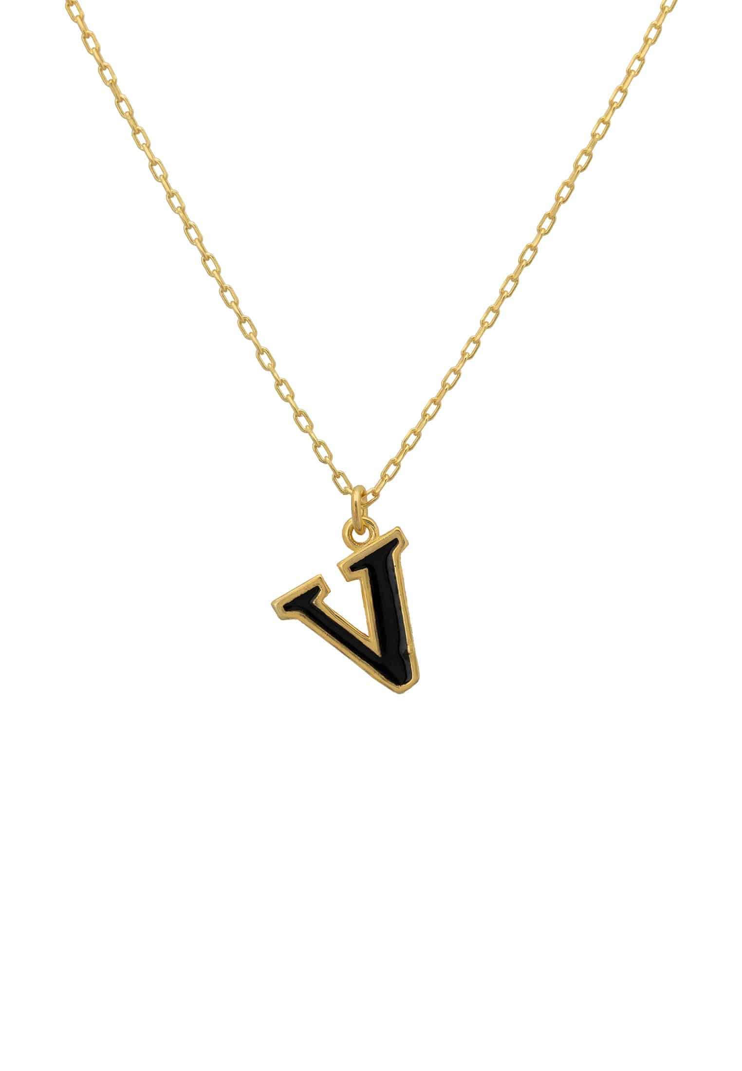 Latelita Womens Initial Enamel Necklace Gold V - Black Sterling Silver - One Size