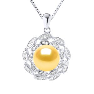 Diadema Womens SUN Necklace Freshwater Pearl 9-10mm Golden 925 – Gold Silver – One Size
