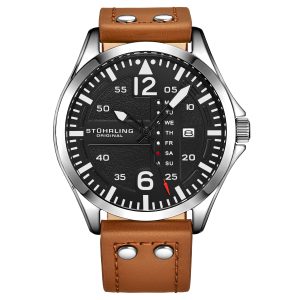 Stührling Mens Brown and Black Aviator Quartz 44mm – Silver – One Measurement