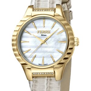 Ferre Milano Womens Ladies White Mother of Pearl Dial Ivory Leather Strap Watch – One Size