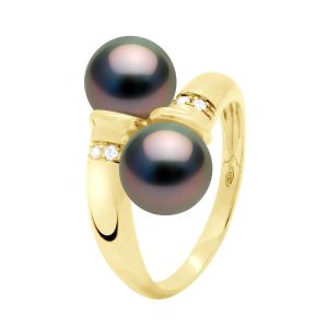 Ateliers Saint Germain Womens Ring You & Me Diamonds 0,06 Cts 2 Real Cultured Tahiti Pearls Round 8-9 mm – Yellow Gold – Black – Size T 1/2