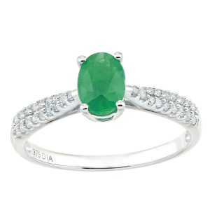 Diamant L’Eternel Womens 9ct White Gold 0.79ct Emerald with 0.15ct Diamond Shoulder Ring – Size J
