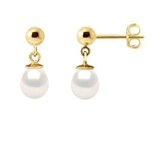 Diadema Womens – Earrings  Yellow Gold and Real Freshwater Pearls – White – One Size