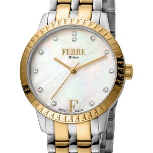 Ferre Milano Womens Ladie’s White Mother of Pearl Dial GP Stainless Steel Watch – Silver & Gold – One Size