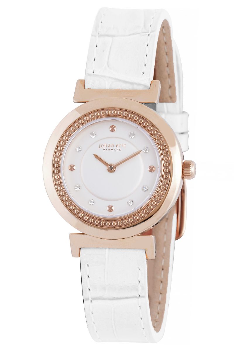 Johan Eric : djursland, WoMens, silver dial watch, applied screw like indexes w swarovski crystals, white genuine leather with crocodile pattern top.. - One Size