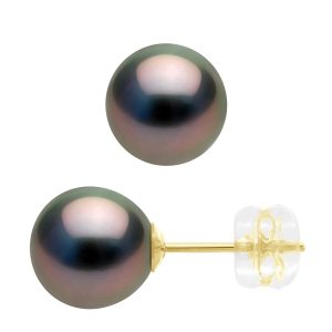 Ateliers Saint Germain Womens Earrings – Yellow Gold 375 – Real Cultured Tahiti Pearls Round 8-9 mm – One Size