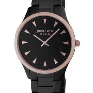 Johan Eric : helsing¸r, Mens, black dial watch w triangular rose gold tone hr-markers, ip case & bracelet with ip bezel ring and crown Stainless Metal – One Dimension