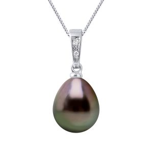 Ateliers Saint Germain Womens Pendant Jewelry Diamonds 0,01 Cts – Real Cultured Tahiti Pearl Pear 9-10 mm – White White Gold – One Size