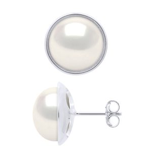 Ateliers Saint Germain Womens Earrings – Surroundings Sleek – Prestige – White Gold – Real Cultured Freshwater Pearls Button 10-11 mm – One Size