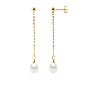 Diadema Womens – Earrings  Real Freshwater Pearls – Yellow Gold – White – One Size