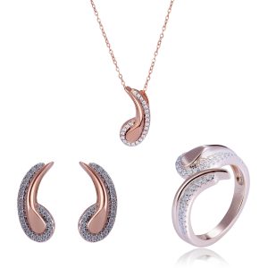 Orphelia ‘Tilou’ WoMens 925 Sterling Silver Set: Necklace + Earrings + Ring – Rose SET-7441 – Size K
