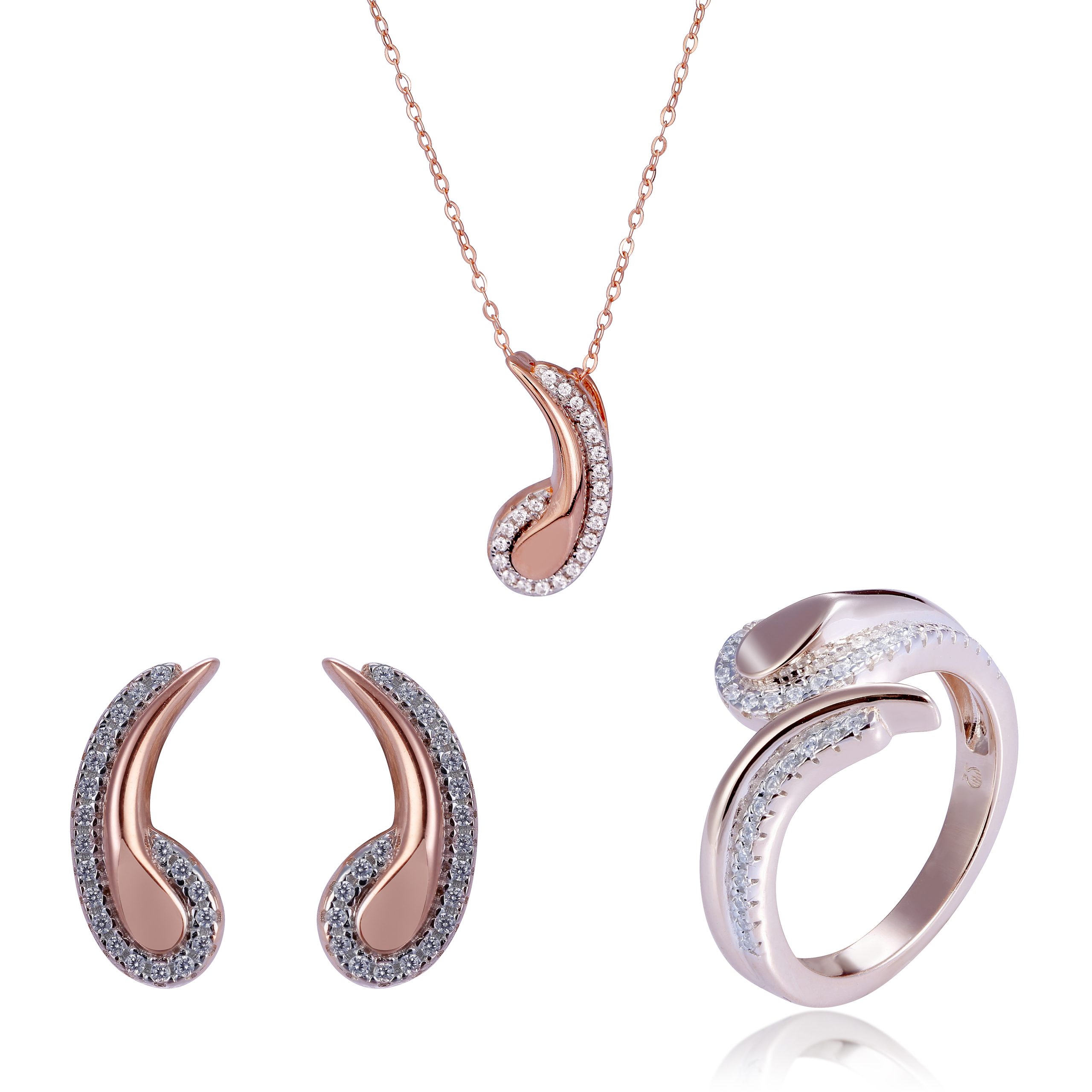Orphelia 'Tilou' WoMens 925 Sterling Silver Set: Necklace + Earrings + Ring - Rose SET-7441 - Size K