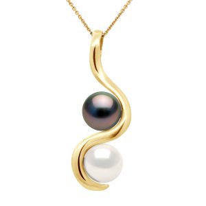 Diadema Womens – Pendant You & Me in Yellow Gold – Real Freshwater Pearls and Tahitian – White – Natural – One Size