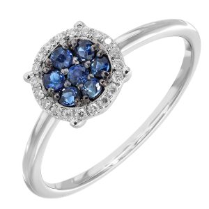 Diamant L’Eternel Womens 9ct White Gold Pave Set Diamond and 0.28ct Sapphire Round Ring – Size K