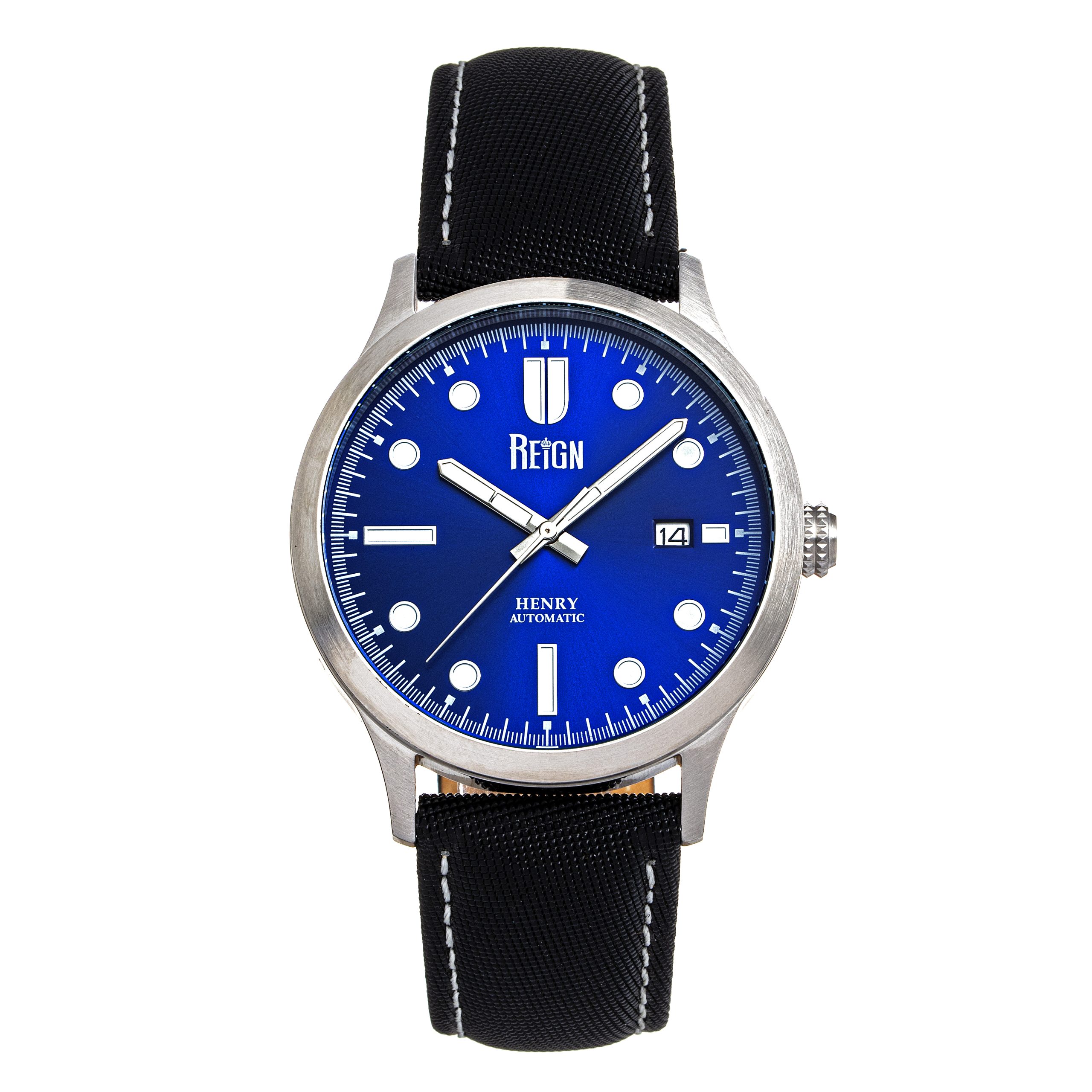 Reign Mens Henry Automatic Canvas-Overlaid Leather-Band Watch w/Date - Blue Stainless Steel - One Size