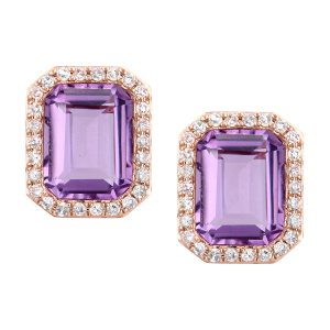 Diamant L’Eternel Womens 9ct Rose Gold Diamond and Amethyst Rectangular Cut Stud Earrings – One Size