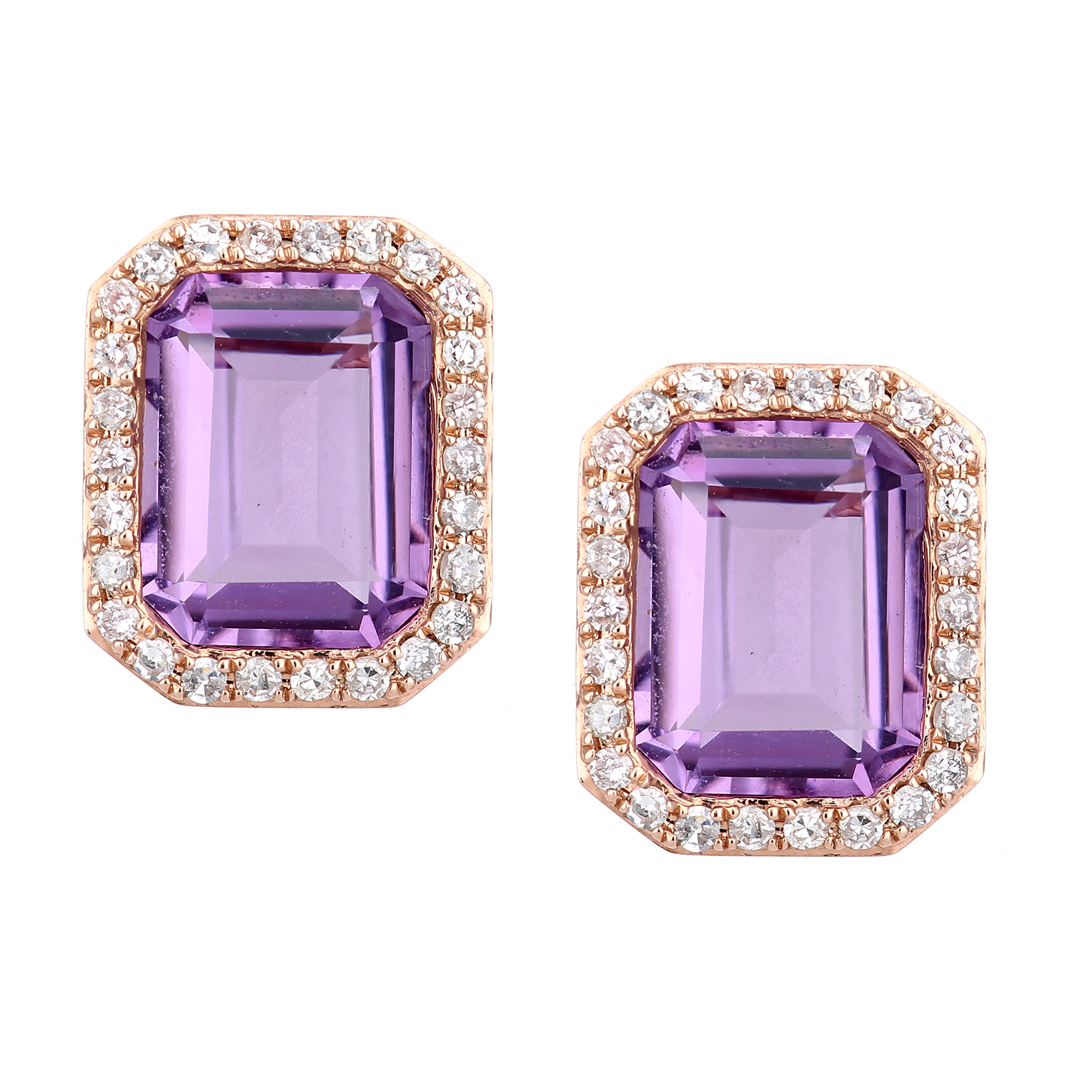 Diamant L'Eternel Womens 9ct Rose Gold Diamond and Amethyst Rectangular Cut Stud Earrings - One Size
