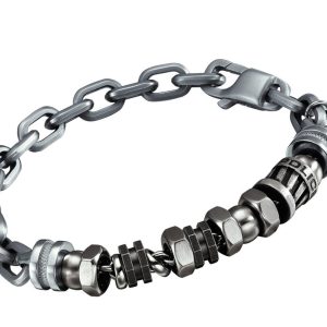 Police : “Element X” Stainless Steel Bracelet – Silver Leather – One Size