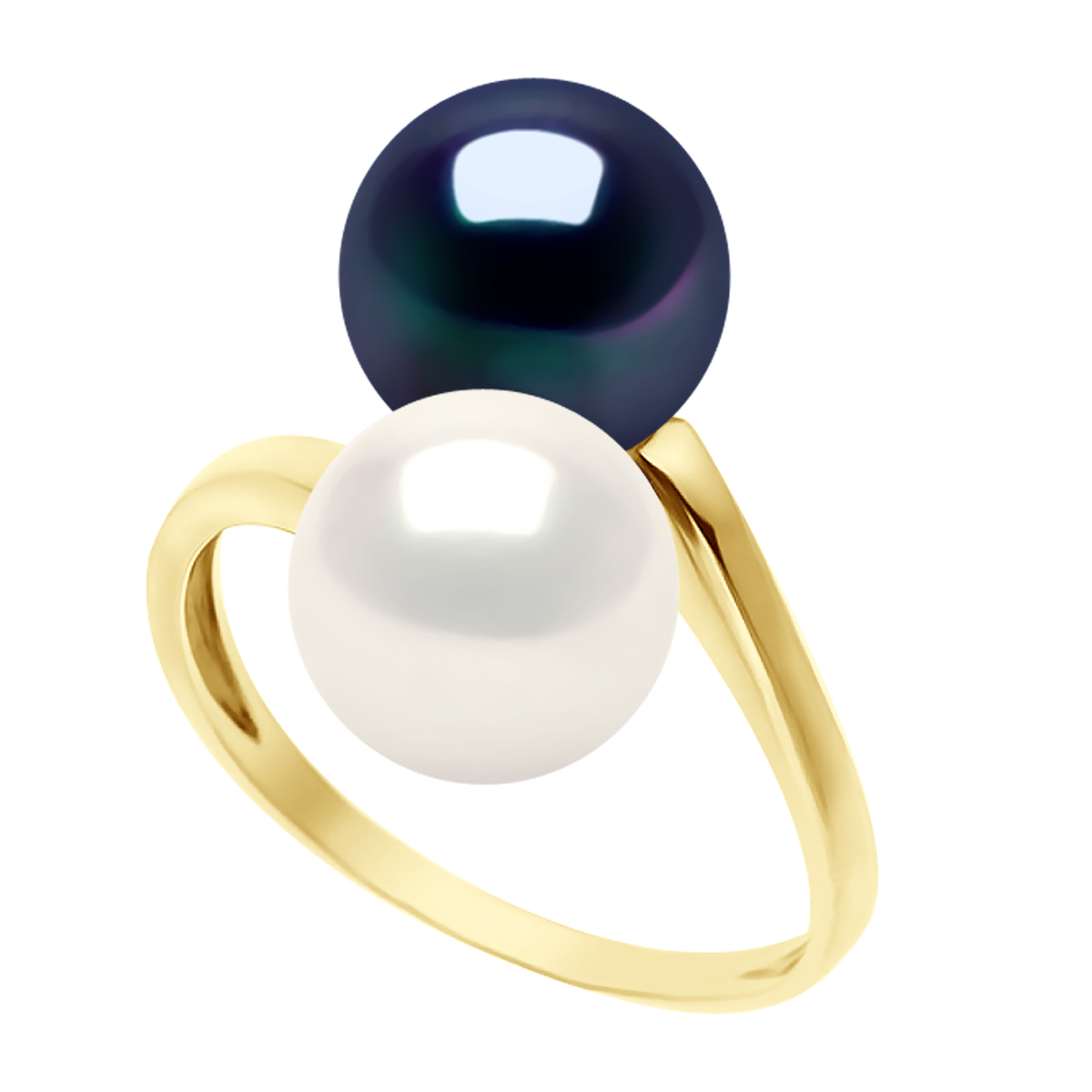 Ateliers Saint Germain Womens Ring You & Me - Yellow Gold - 2 Real Cultured Freshwater Pearls Round 8-9 mm - Black/White - Size K
