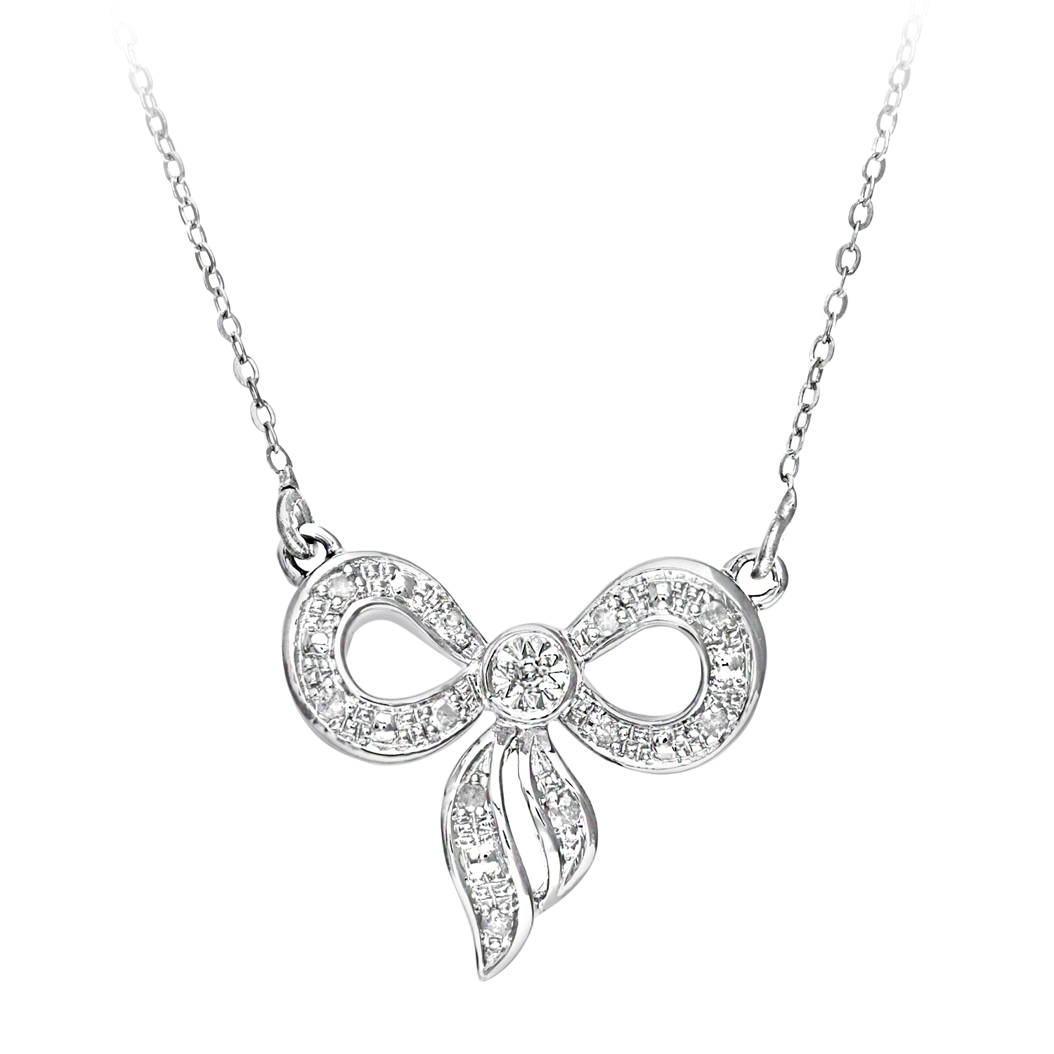 Diamant L'Eternel Womens 9ct White Gold 0.05ct Diamond Bow Necklace of 46cm - One Size