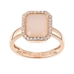 Diamant L’Eternel Womens 9ct Rose Gold Diamond and Pink Opal Rectangular Cut Gemstone Ring – Size J