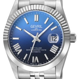 Gevril Mens Automatic West Village Fusion Elite Swiss Sellita SW200 Cobalt Horizon Gradient Dial Satin and Polished Bracelet – Silver – One Size