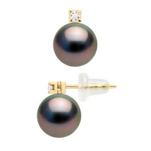 Diadema Womens – Earrings  Diamonds – Yellow Gold and Real Tahitian Pearls – Natural – One Size