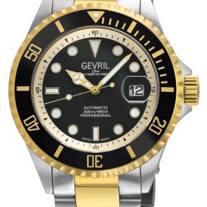 Gevril Mens Wall Street Swiss Automatic Sellita SW200 Black Enamel Dial, SS/IPYG Satin and Polished Bracelet Watch – Silver & Gold – One Size