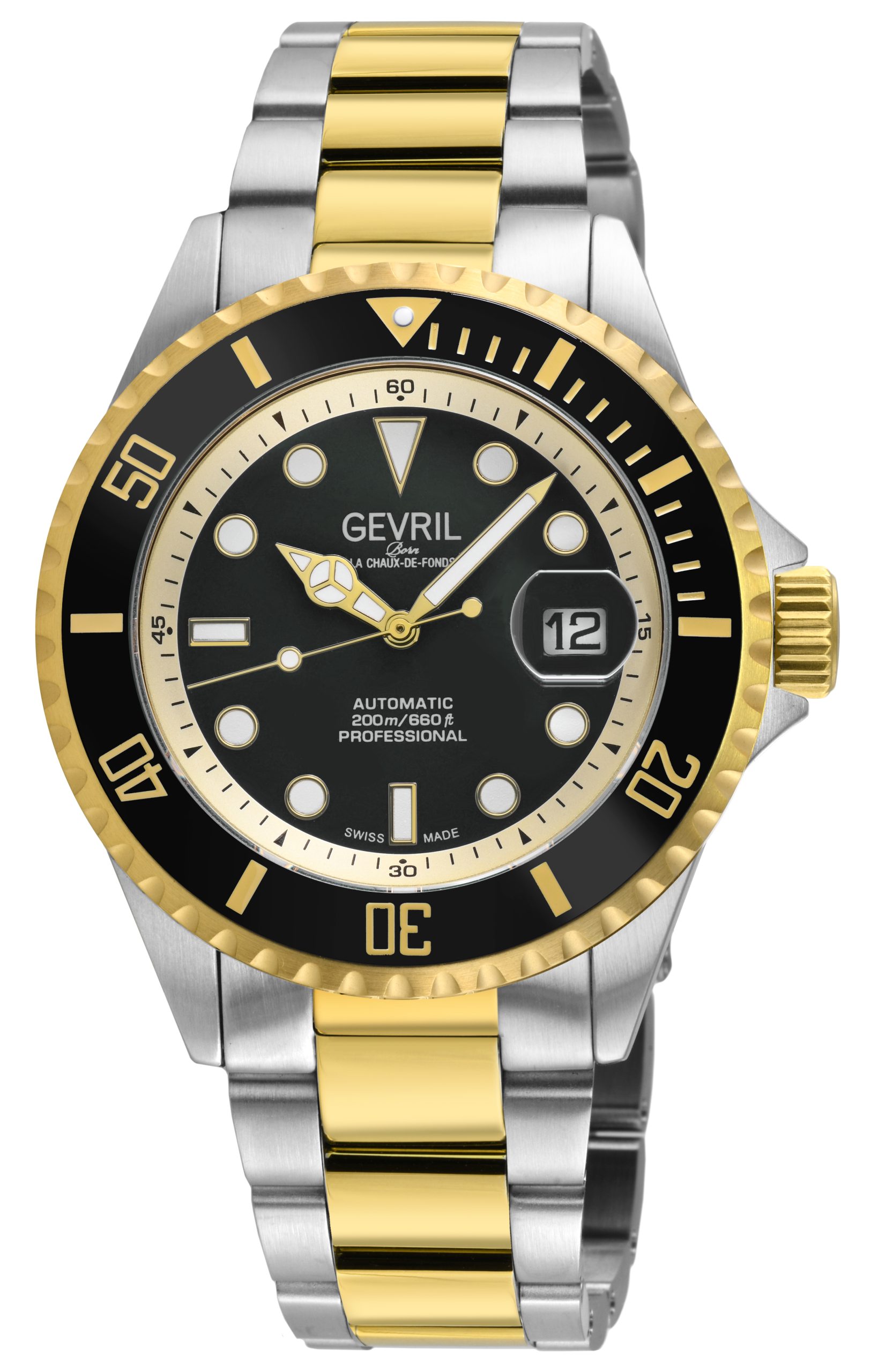 Gevril Mens Wall Street Swiss Automatic Sellita SW200 Black Enamel Dial, SS/IPYG Satin and Polished Bracelet Watch - Silver & Gold - One Size